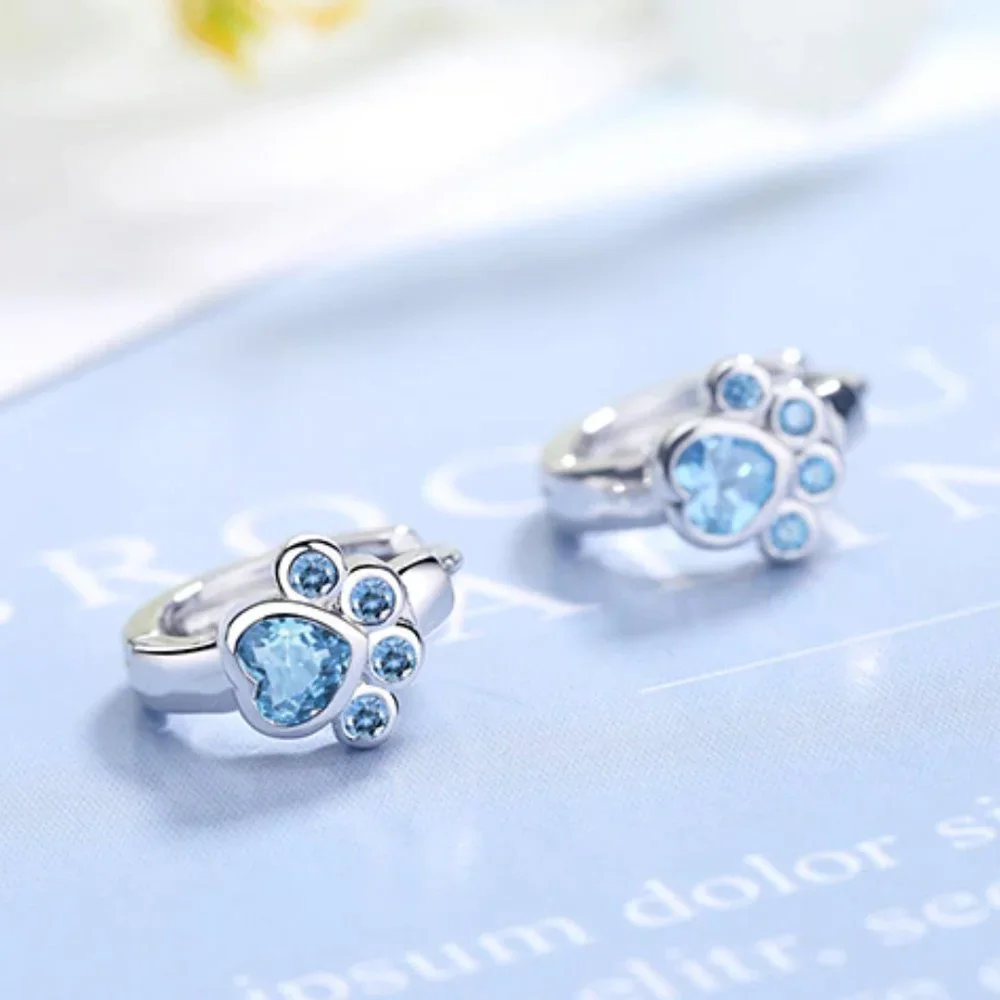 NEW Silver Blue Cute Cat Paw Hoop Earrings - Picture 5 of 7